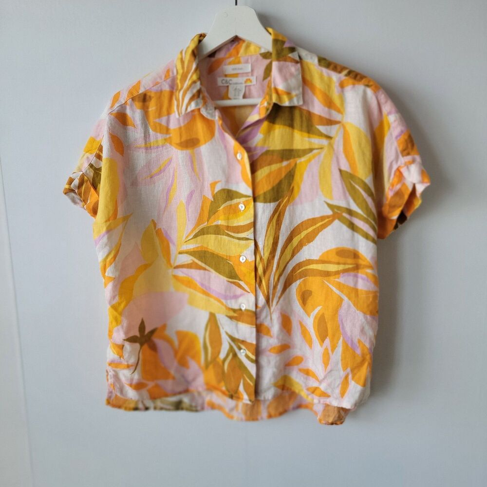C&C California womens 100% Linen Shirt size xs Leaves Printed Boxy Fit